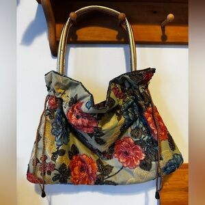 Floral Beaded Satin Tote Bag in Multicolor